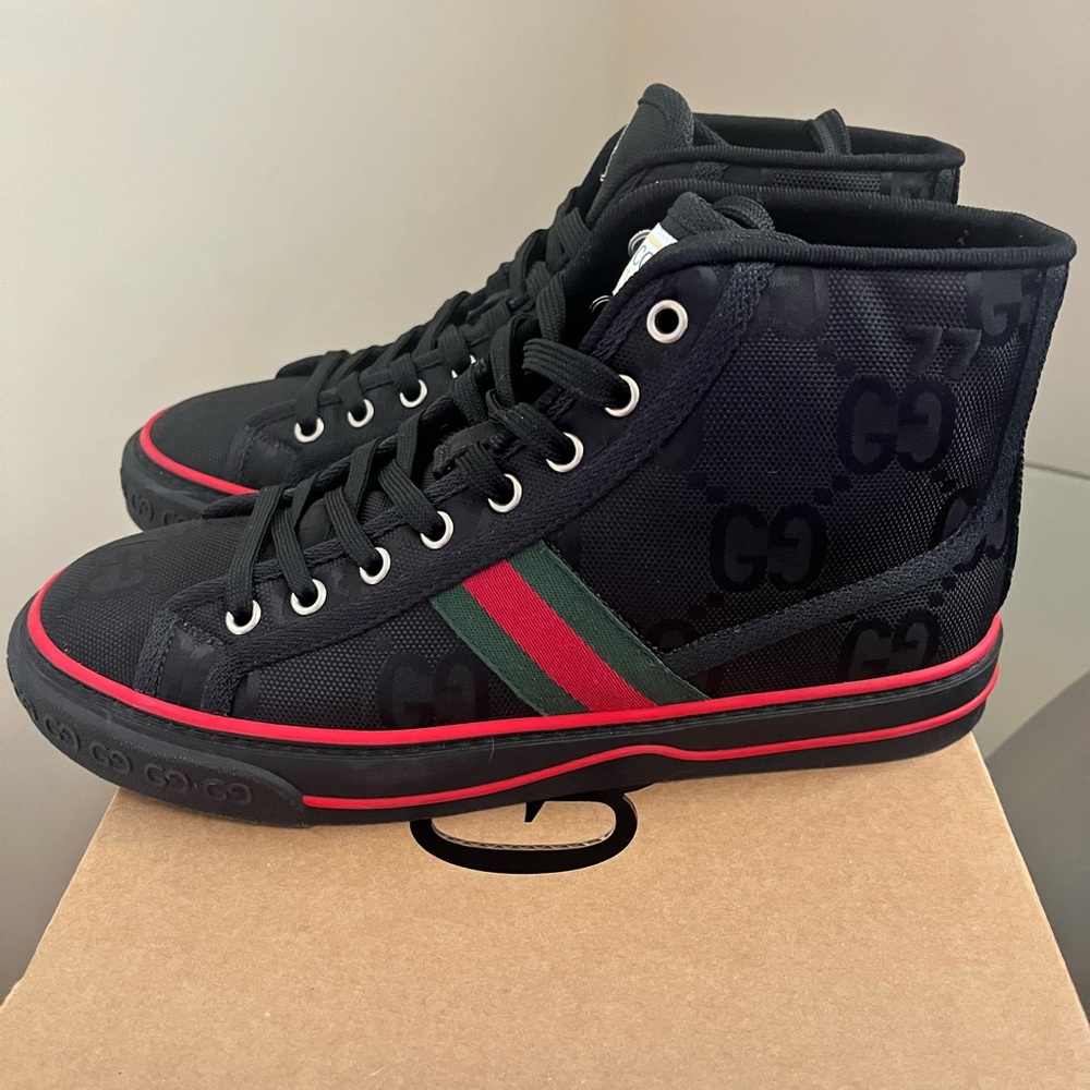Gucci Black High-Top Sneakers with Red and Green Web Stripe - Picture 6 of 6